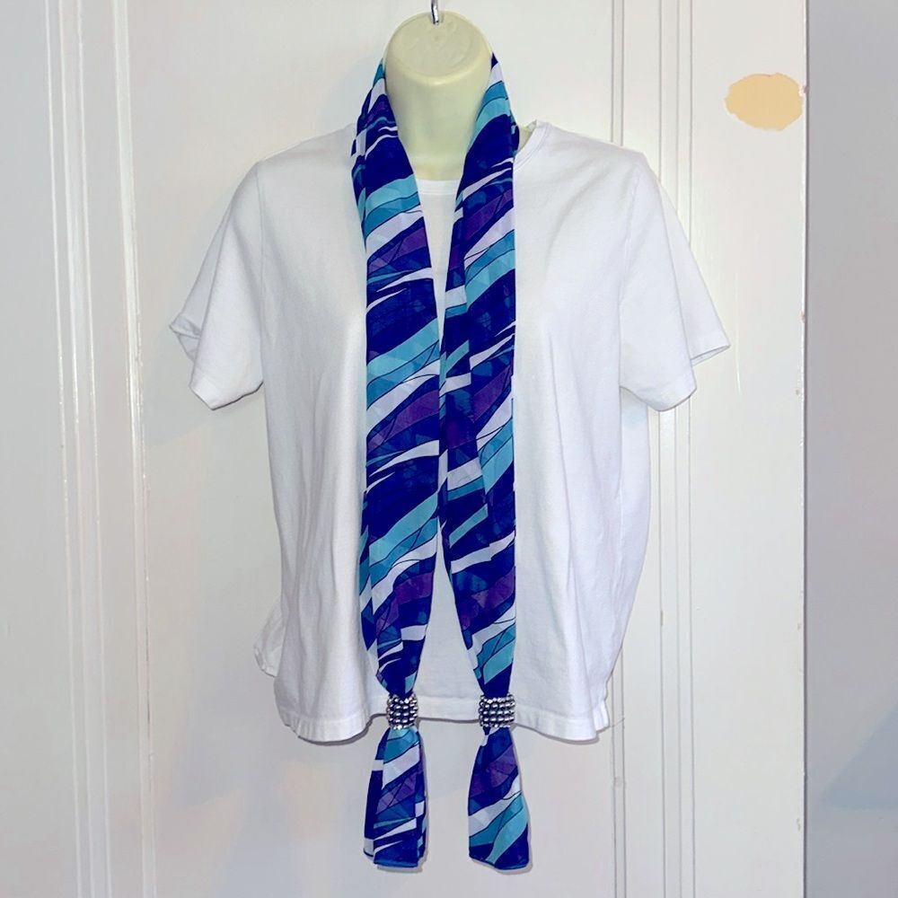 Purple, blue, white &  aqua blue‎ semi sheer scarf or belt with beaded ends